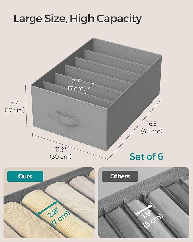 SONGMICS Set of 6 Large Size Wardrobe Clothes Organizers, 6-Compartment Foldable Drawer Organizers with Handles, 16.5 x 11.8 