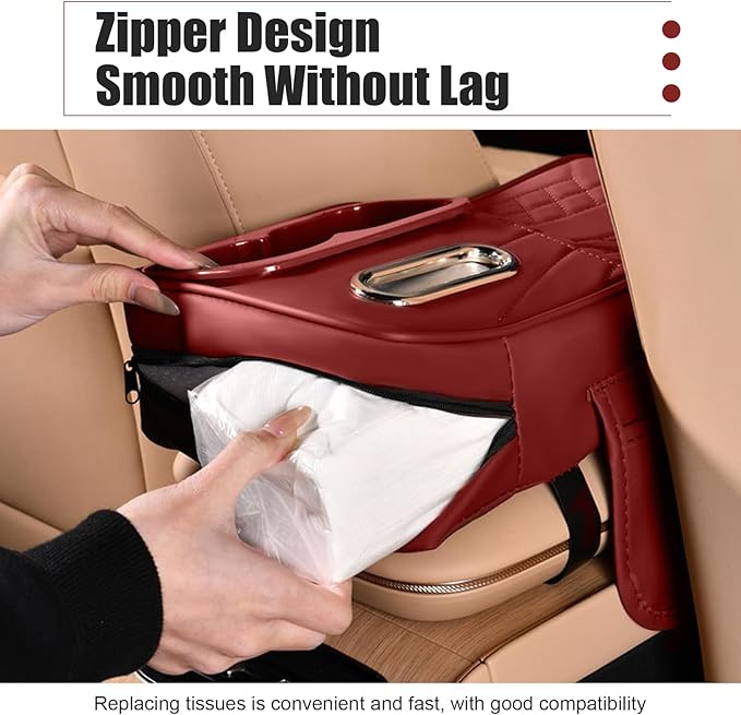 Car Seat Gap Organizer, Car Interior Organizer for Seat Gap Storage, Leather Multi-Functional Storage Box with Tissues, Universal for Most Cars (Red)