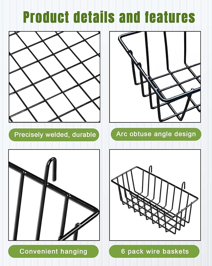 6 Pack Wire Baskets, Grid Panel Hanging Wall Basket, Grid Wall Accessory, Display and Storage Wall Basket for Kitchen, Home D