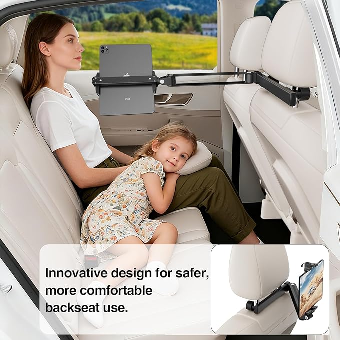 Foldable Tablet Car Holder for Backseat, Adjustable Car Headrest Tablet Holder, Road Trip Essentials for Kids. Back Seat iPad Mount for 4.7-11" Devices