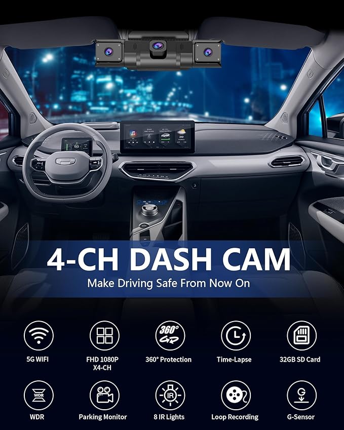 4 Channel Dash Cam 360 View for All-Round Protection, 4-Way Front Rear Inside Recording, Built-in 5G WiFi & GPS, APP Control,