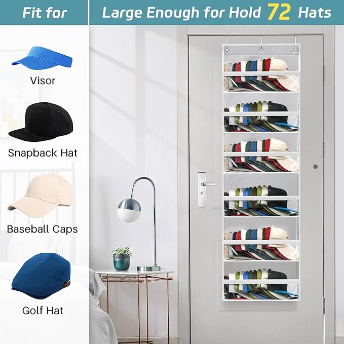 AOODA Clear Over the Door Hat Racks for Baseball Caps, Large Holds up to 72 Caps Hat Storage Organizer for Closet Wall, Deep 