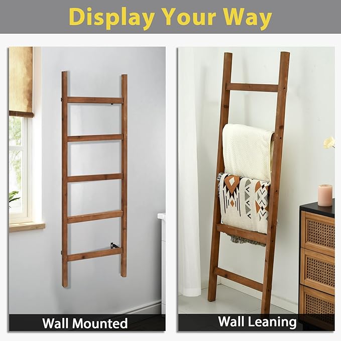 FUIN Wall Mounted 57in Wooden Blanket Ladder Living Room Decorative Farmhouse Quilt Display Holder Rustic Wood Towel Rack for