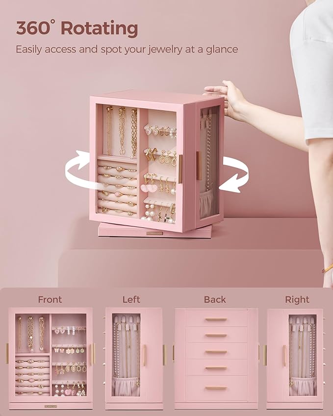 Glimmloop 360° Rotating Jewelry Box with 5 Drawers, Spacious Vertical Jewelry Organizer with Glass Window, Jewelry Storage Ca