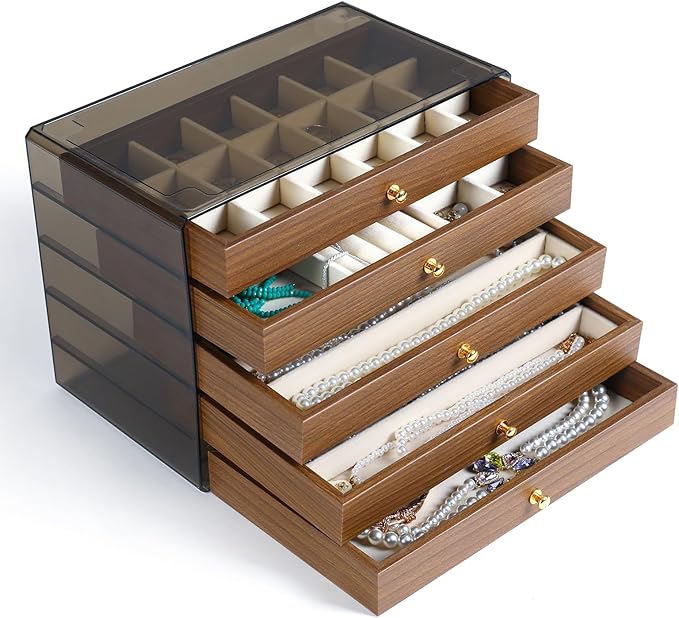 CLUQMEIK 5 Layer Large Wooden Jewelry Box with Acrylic Lid and Wooden Drawers, Stackable Jewelry Organizers and Storage Box f