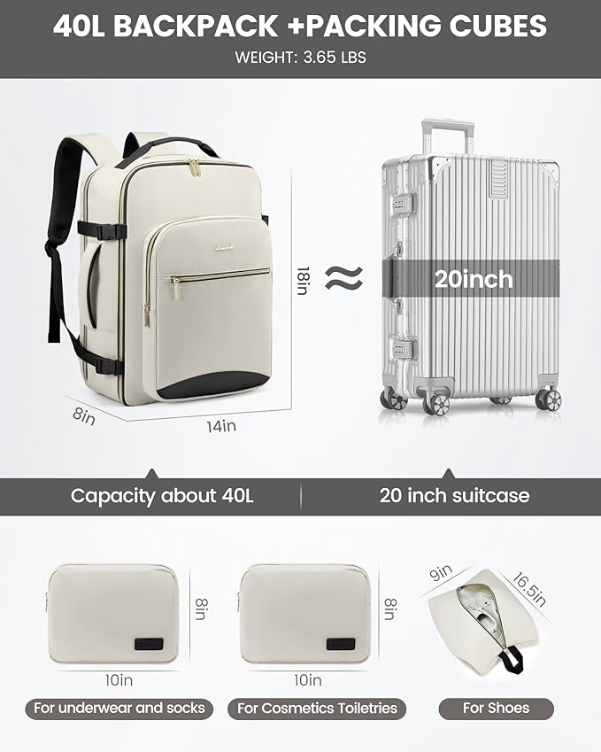 LOVEVOOK Travel Backpack for Women & Men 40L,Airline Approved Carry On Backpack Travel Essentials,TSA Carry on Luggage,Waterp