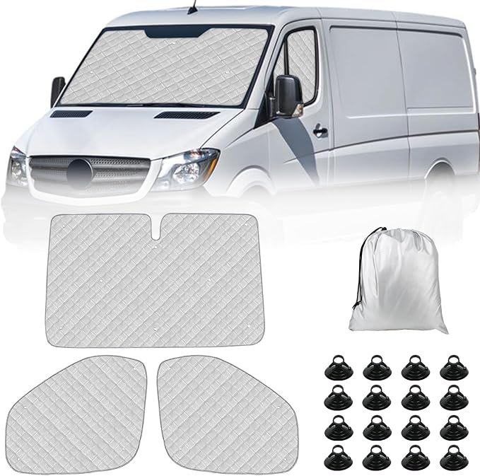 Mercedes Sprinter Sun Shade 2006-2019 | 3-Piece Van Window Covers with Thermal Insulation & UV Protection | Car Window Shades (Front Windshield & Side Covers)