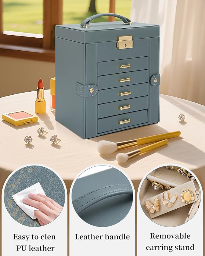 TORIBIO Large Jewelry Box for Women, Leather Jewelry Organizer with Mirror & Lock, 6-Tier Jewelry Storage Case for Girls/Wome