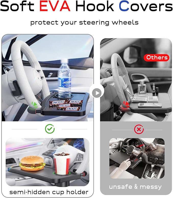 Car Steering Wheel Tray for Drivers Steering Wheel Tray for Dining, Mobile Office & Travel Food with Cup Holder, Scratch-Free EVA Hook Covers, 2-in-1 Desk Table for Car - Black
