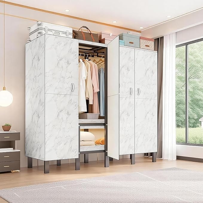 Freestanding Heavy Duty Wardrobe Closet with Magnetic Door, Portable Metal Closets, Foldable Wardrobecloset Organizers and St