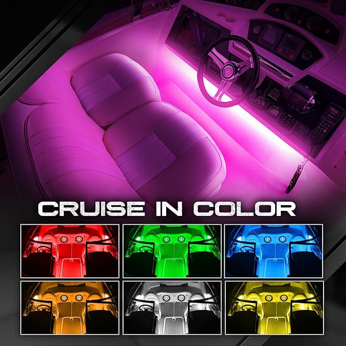 OPT7 Aura Marine LED Boat Lights with Remote, 4PCS 12V RGB Waterproof Interior Strip Lighting, Neon Accent Multi Color Deck Underglow Kit for Fishing Pontoon Bass Jon Yacht RV, Easter Gifts