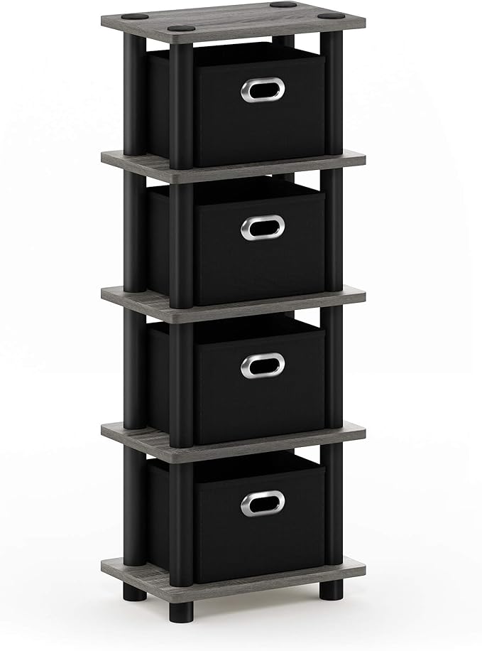 FURINNO Turn-N-Tube LACi 4-Bins System Rack, French Oak Grey/Black