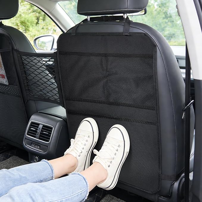 Back Seat Cover for Kids – 2 Mesh Pockets + 1 X-Large Storage Organizer, Waterproof Car Seat Back Protector for Vehicles, Protects Upholstery from Dirt, Mud & Scratches, Black (1)