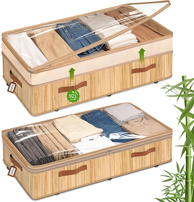 Livole Bamboo Under Bed Storage with Wheels, 6-10 inches Height Adjustable Underbed Storage Containers, 92L XXXL Large Rollin