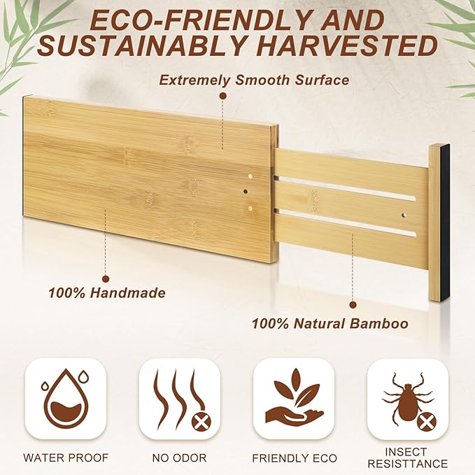 4 Pcs Deep Bamboo Drawer Dividers, Deep Kitchen Dresser Drawer Organizer with Spring Loaded for Clothes, Adjustable Expandabl