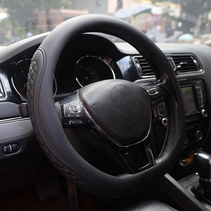 Leather Steering Wheel Cover Compatible with Volkswagen VW Tiguan Atlas ID.4 Taos Golf Passat Jetta Polo Beetle Touareg Cross