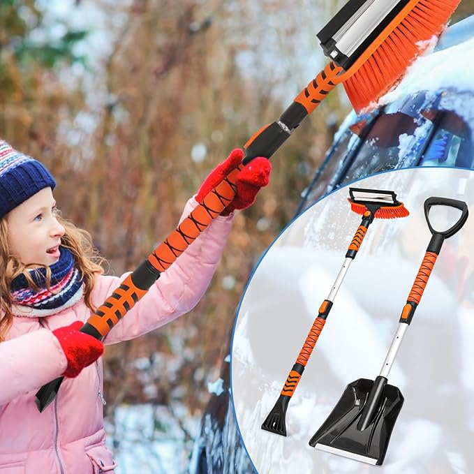 41.5" Extendable Ice Scraper and Brush for Car Windshield, 4 in 1 Snow Shovel Snow Brush Scraper Kit with Foam Grip and 180° Pivoting Brush Head, for Cars, Trucks, SUVs, Vehicle