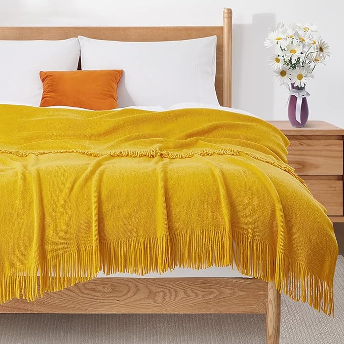 Homiest Decorative Knitted Throw Blanket with Fringe Soft & Cozy Tassel Blanket for Couch Sofa Bed (Mustard Yellow, 50x60)