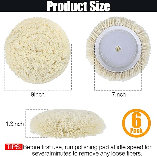 6 PCS Wool Buffing Polishing Pads - 7 Inch Natural Wool Cutting Pads with Hook and Loop Backing Compound & Polishing for Automotive Car Boats Glass Furniture Repair