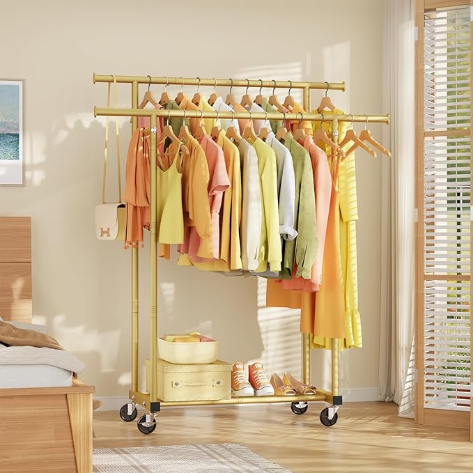 HYSEYY Double Rods Clothes Rack, Sturdy Rolling Clothing Rack, Portable Clothing Racks for Hanging Clothes - Metal Garment Ra
