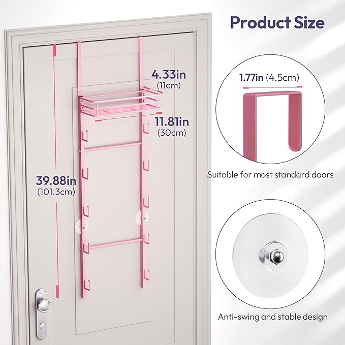 SWTYMIKI Over The Door Purse Organizer - Wall Mounted Handbag Organizer with 10 Hooks and Metal Basket, Hanging Purse Storage