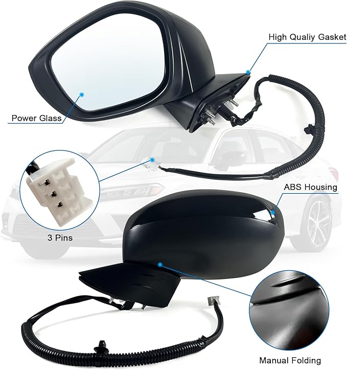 Left Driver side Mirror Fits 2022 2023 2024 2025 HONDA CIVIC Sedan/Hatchback With Power Glass, Manual Folding, Match to Crystal Black Pearl Replace HO1320350 (3 Pins)