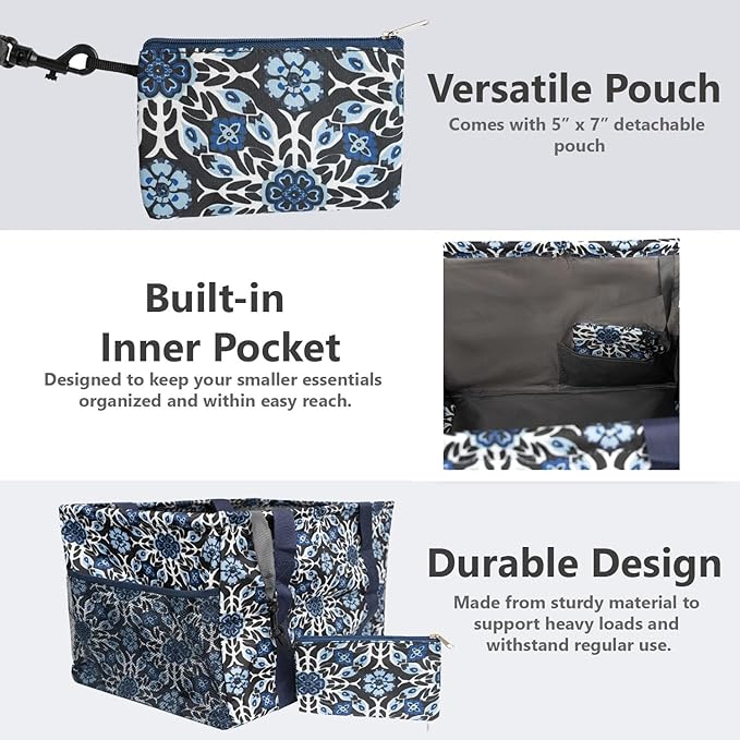 Extra Large Utility Tote Bag - Oversized Collapsible Tote with Wire Frame, Durable Reusable for Beach, Groceries, Laundry, Car Trunk, Storage and Travel - Includes 5x7 Bag with Hook - Blue Snowflake