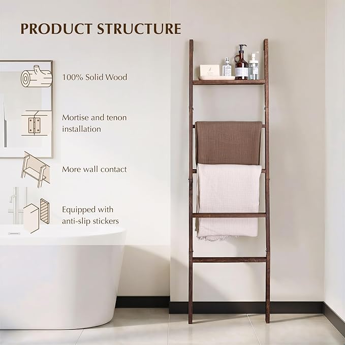 Blanket Ladder with Top Shelf, 5-Tier Wood 64” Decorative Ladder for Living Room Throws, Bedroom Quilt, Bathroom Towel & Toil