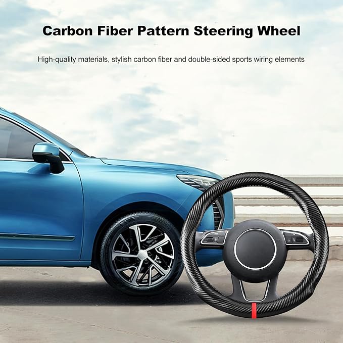 Ergocar Carbon Fiber Material Steering Wheel Cover Anti-Slip Breathable Sweat Absorbent Fashionable Sport Steering Wheel Sleeve for the Round Shape with Diameter of 15"（37.5-38cm）-Black Stripe