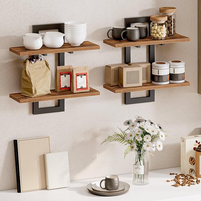HOOBRO Floating Shelves, 15 Inch Wall Shelf Set of 2, Wall Mounted Storage Shelves 2-Tier, Hanging Bathroom Shelves, for Livi