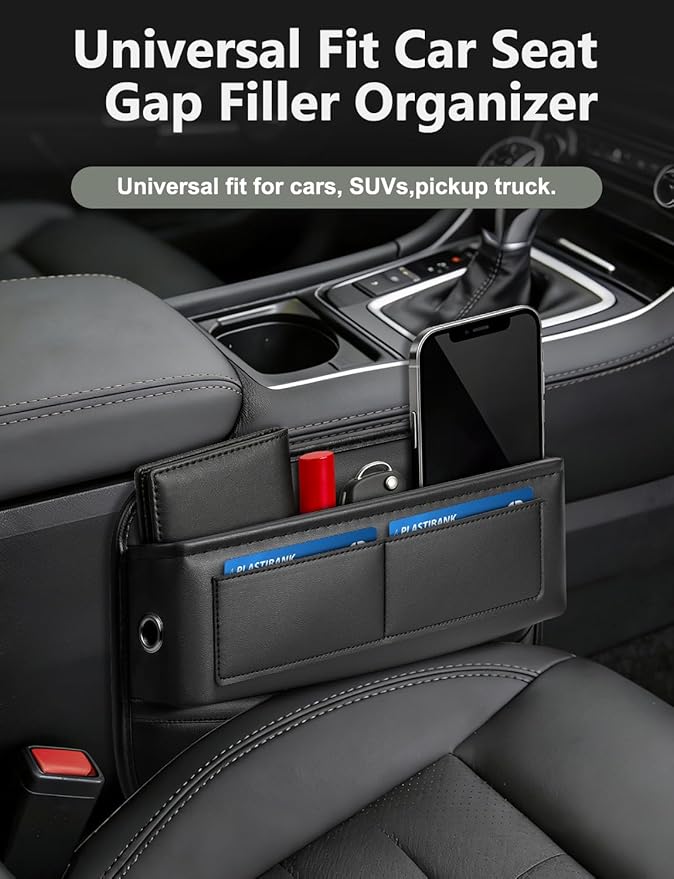 2 Pack Car Universal Fit Seat Gap Filler Organizer, Premium Leather Front Car Gap Filler, Center Console Seat Side Organizer with Card Slots for Car, SUV Truck, Easy Access to Phone, Sunglasses, Key