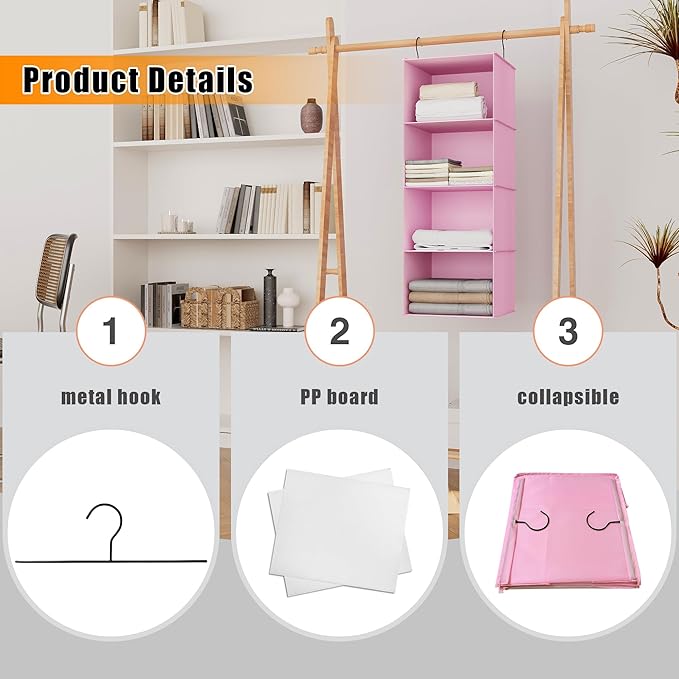 Hanging Closet Organizer, Easy Mount Foldable 4-Shelf Hanging Closet Wardrobe Storage Shelves, Clothes Handbag Shoes Accessor