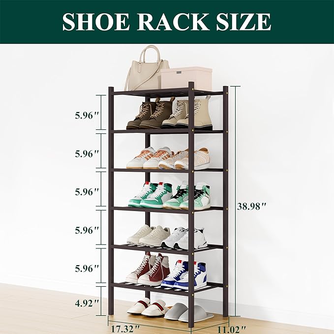 Smiry Shoe Rack, 6 Tier Small Bamboo Shoe Organizer, Stackable Free Standing Wooden Shoe Storage Shelf for Closet, Entryway, 