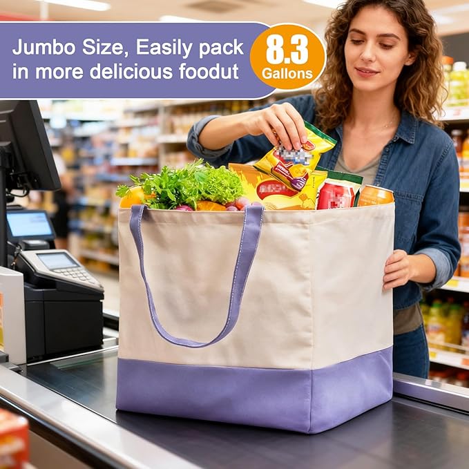 Reusable Grocery Bags Heavy Duty, 8.3 gal Foldable Large Canvas Tote Bag with Handles, Holds 60 lbs Canvas Shopping Bags, 1 Pack（Off White+Light purple）