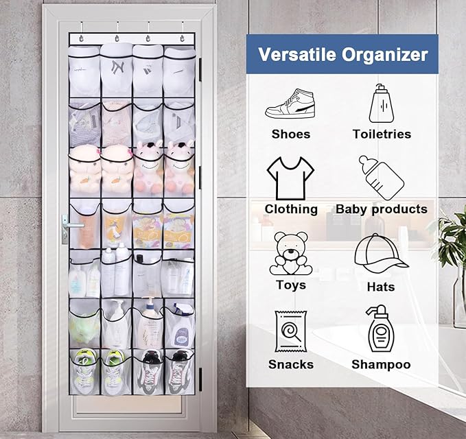 MISSLO 28 Large Pockets Over The Door Shoe Rack Hanging Shoe Organizer for Closet Door Shoe Storage Holder Mesh Hanger, White