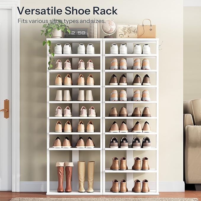 HOOBRO 10 Tiers Vertical Shoe Rack, Wooden Shoe Storage Organizer with Hooks, Narrow Shoe Tower for 20 Pairs, Space Saving, f
