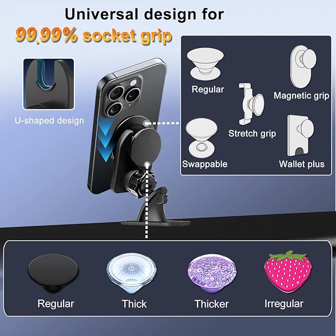 Vent or Dashboard Car Phone Mount for Popsocket, Dashboard Adapter Adhesive and Vent Clip, Compatible with Most Popsocket, Fits All Smartphone