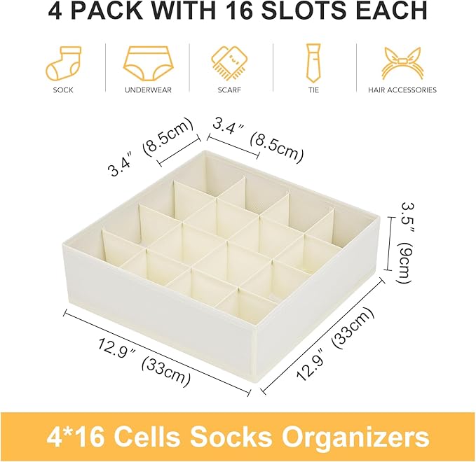 Joyoldelf Sock Drawer Organizer Divider Underwear Organizer 16-cell Fabric Dresser Drawer Organizers Storage Boxes for Socks 