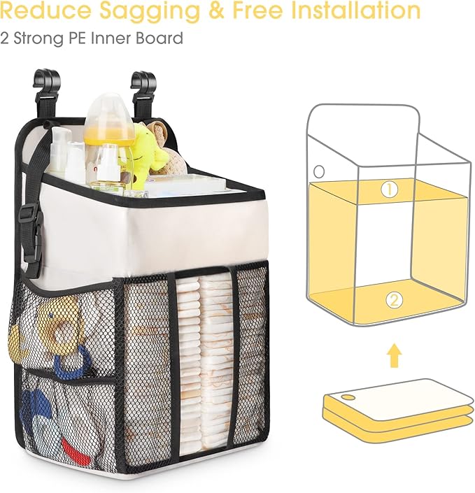 Maliton Hanging Diaper Organizer - Caddy for Changing Table, Crib, Pack n' Play - Stacker Holds 52+ Diapers - Nursery Organiz