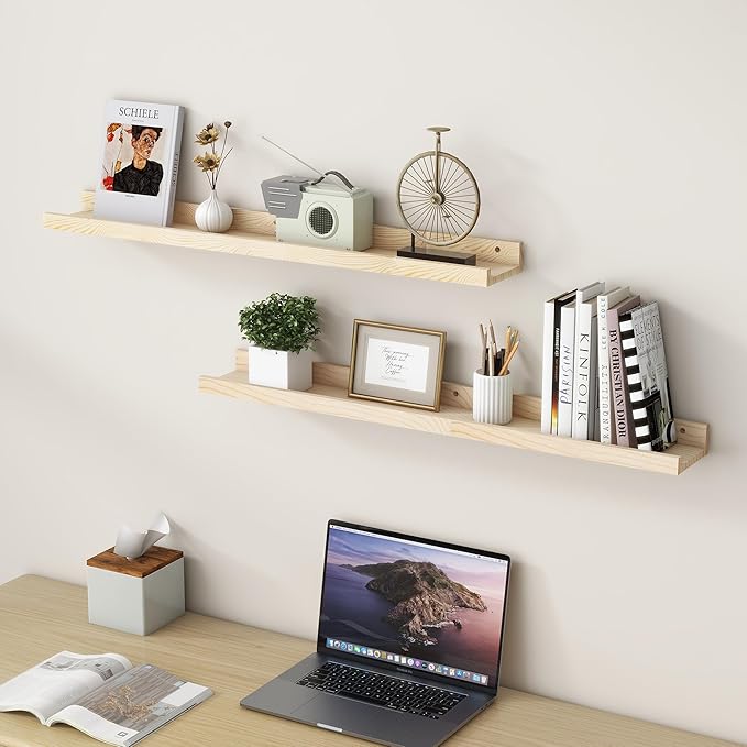 Picture Ledge Shelf for Wall, 36 inch Solid Ash Wood Nursery Book Shelves 2 Packs, Floating Shelves for Kids' Room Bedroom Ba