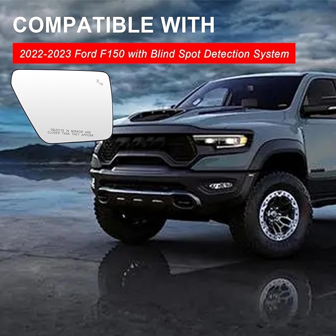 Passenger Side Mirror Glass Compatible with Ford F150 2022 2023 Mirror - With Rear Holder，Blind Spot Detection, Power Heated