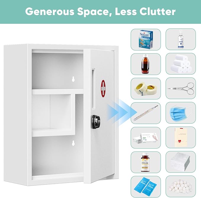 POKIPO Wall Mount Locking Medicine Cabinet, Empty Metal Medicine Storage Box with All-Metal Digit Lock, Bathroom Cabinet Orga