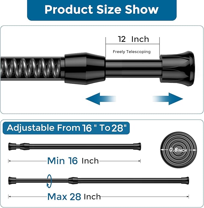 AIZESI 6PCS Tension Curtain Rod 16 to 28 Inch Black No Drilling Adjustable Spring Curtain Rods for Window, Doorway, Closet, K
