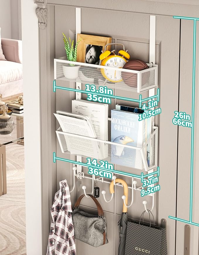 HapiRm Over Door Hook with 2 Mesh Baskets and 9 Hooks, 304 Stainless Steel No Drilling Over The Door Hanger, Storage Organize