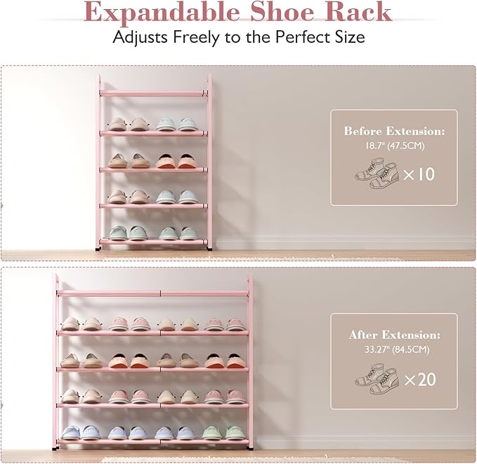 Bumusty 5-Tier Expandable Shoe Rack for Closet, 18“-33” Adjustable Shoe Rack for Small Space, Small Shoe Organizer for Front 