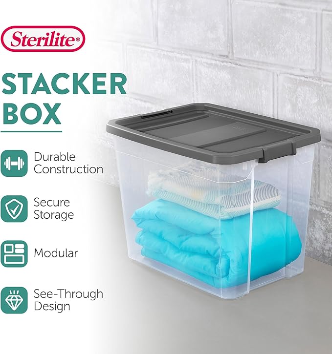 Sterilite 8-Pack Modular Stacker Box, Durable Clear Plastic Storage Bins with Latching Lids, 108 Quart - Stackable Organizing