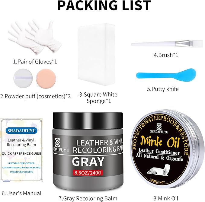 8.5oz Leather Recoloring Balm with 100ml Mink Oil,Gray Leather Repair kit for Furniture and Car Interior,Leather Couch Scratc