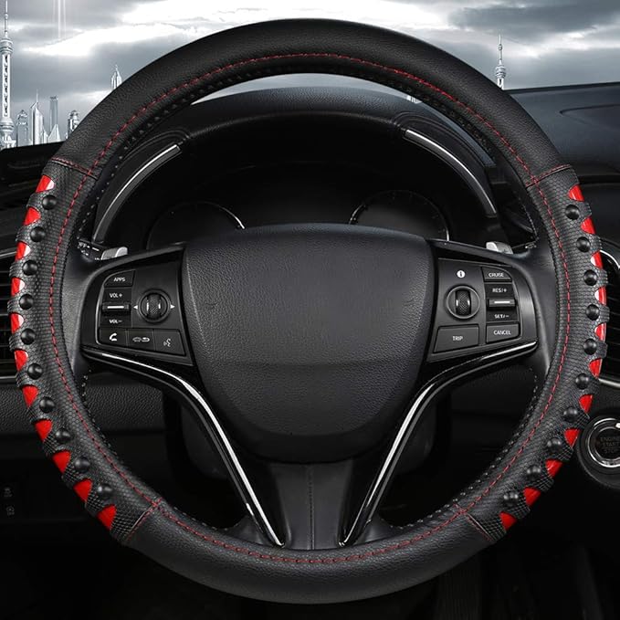 West Llama Microfiber Leather Car Steering Wheel Cover for Men Women,Universal Fit 14.5-15 inch(Leather Nails-Red+Black-Stand