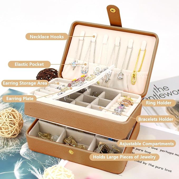 KOOAAICCHI Small Jewelry Box, Travel Jewelry Organizer, Portable Jewelry boxes for Women Girls Gift, Double Layers PU Leather