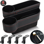 2 Set Car Seat Gap Organizer, Car Gap Filler Storage Boxes, PU Leather Front Seat Console Side Pocket Bags with Cup Holder 4 Hooks, Automotive Storage Box for Phone, Drinks, Cards, Sunglasses, Black